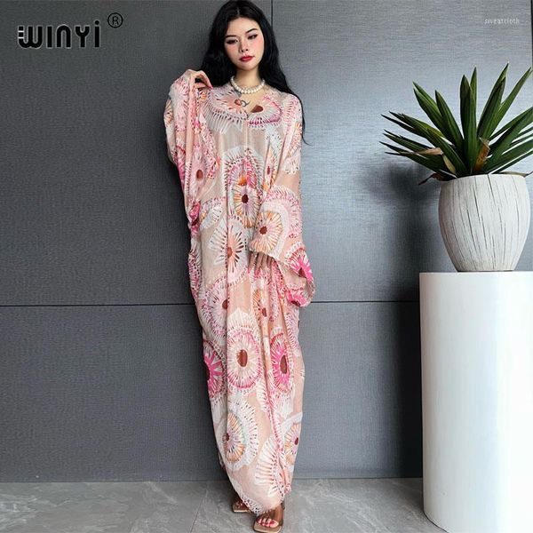 Damen Bademode WINYI Stamping Printing Sommer Silk Feeling Kleid Elegant Muslim Abaya Lady Beach Cover Up Casual Beachwear Kaftan