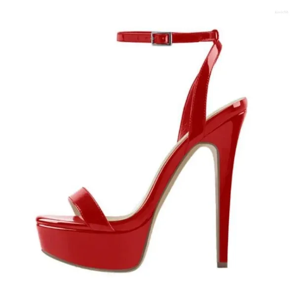 Sandálias tamanho grande 45 fivela tornozelo cinta mulheres vermelho rosa patente plataforma de couro stiletto salto alto verão vestido sapatos