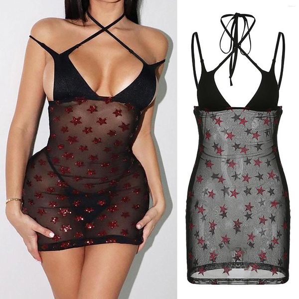 Lässige Kleider Nachtclub Sommerferien Glitter Farbkontrast Sexy Cut Out Neck Lace Up Dress