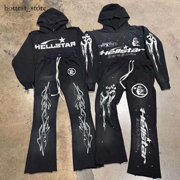 Rock hip hop rua hellstar hoodies conjunto lavado chama carta impressão com capuz pulôver masculino feminino oversized hell star sweatshirts t 555