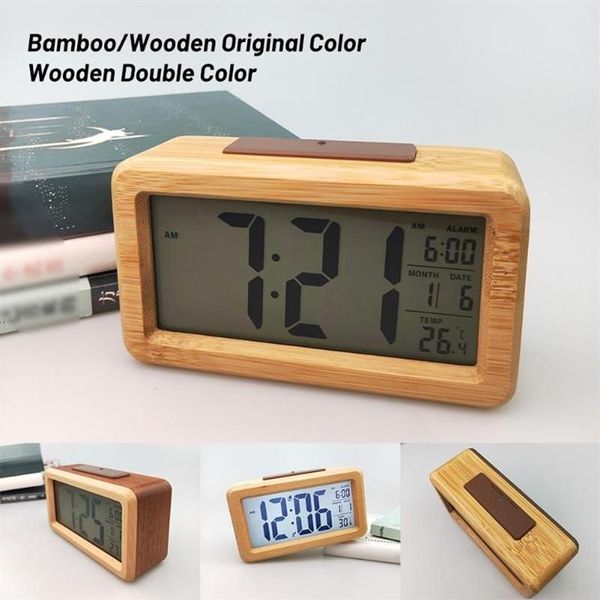Sveglia digitale in legno con sensore luce notturna con data snooze, temperatura, orologio, orologio da tavolo, orologi da parete263K