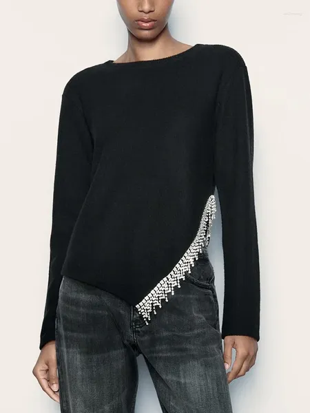 Женские футболки, зимняя одежда для женщин, 2023, повседневная мягкая футболка с длинным рукавом и круглым вырезом, топ с асимметричным подолом и искусственными стразами по бокам