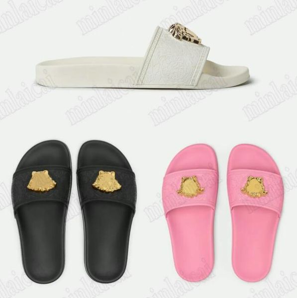 Ciabatte da piscina Palazzo da donna Motivo a chiave greca Fucsia Pink Black Plaque Open Toe Slipper Sandali casual da donna firmati