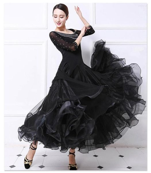 Sahne Giyim Balo Salonu Rekabet Dans Elbisesi Kadın Tango Flamenko Kostüm Yüksek Kaliteli Siyah Orta Kollu Vals Kıyafetler
