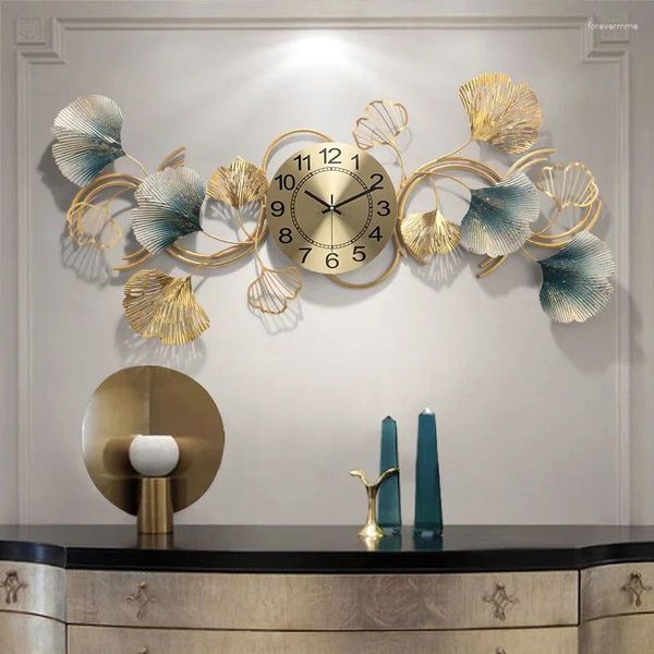 Relógios de parede estilo chinês moda relógio de metal casa sala de estar ginkgo folha criativa decoração muda relógio atmosférico