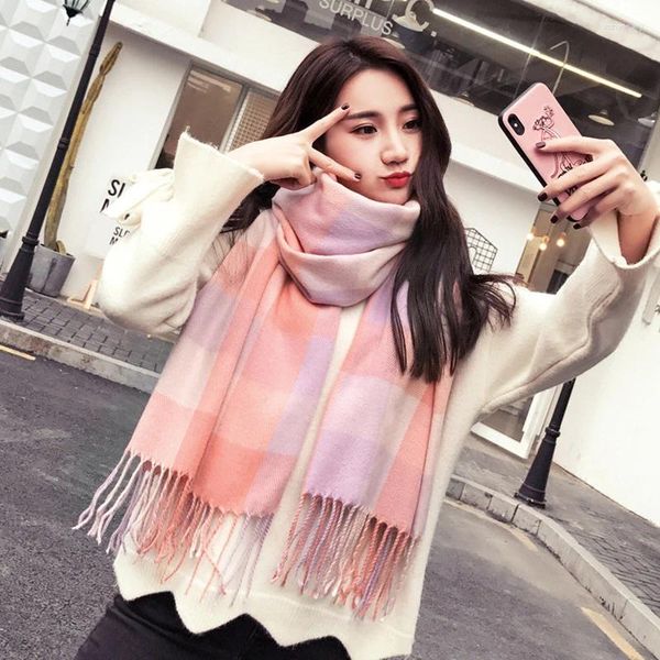 Шарфы Mingjiebihuo, модный осенне-зимний корейский длинный студенческий клетчатый японский маленький свежий утепленный удобный шарф с кисточками