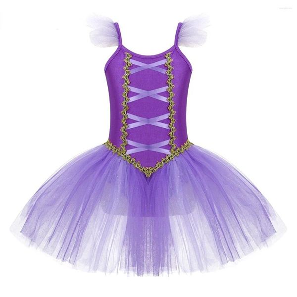 Bühnenkleidung Ballett Tutu Trikot Kleid Kinder Mädchen Ballerina Ärmellos Lila Fee Tüll Gymnastik Lyrische Tanzkostüme