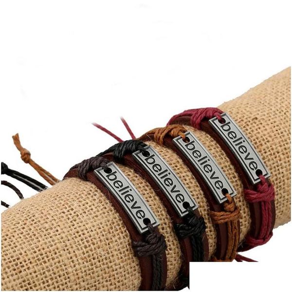 Braccialetti con ciondoli Credere Tag identificativo Braccialetti con ciondoli Stringa Bracciale in pelle regolabile Polsino per donna Uomo Gioielli di moda Dhy0V