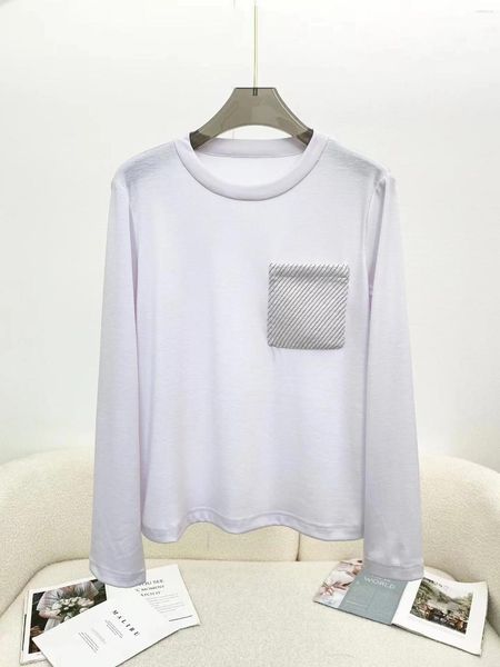 T-shirt da donna Liste da donna Decorazione tascabile T-shirt in cotone 2023 Spring Lady Top a maniche lunghe bianco o grigio Tshirt allentata con o-collo femminile