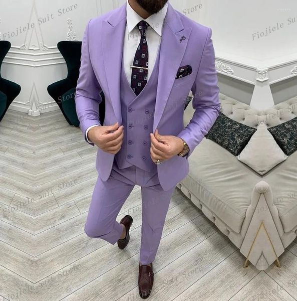 Ternos masculinos roxo claro, conjunto de 3 peças, smoking, noivo, padrinho, terno de negócios, vestido de festa de casamento, ocasiões especiais, jaqueta, calças, colete