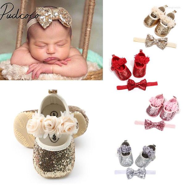 First Walkers Born Infant Baby Mädchen Jungen Sommer Krippe Schuhe 3 Stil Pailletten Blumen Flachhaken Prinzessin Stirnband 2 STÜCKE