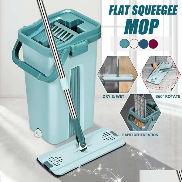 Esfregões 1set Flat Squeeze Mop e Balde Mão Torcendo Limpeza de Piso 360 Roatation Matic Spin Pads Wet Dry U LJ201128 Drop Delivery Home Dhi98