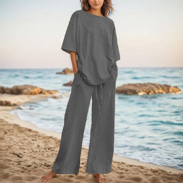 Pantaloni a due pezzi da donna Set da tasca con cintura estiva Mezza manica O collo Set di pantaloni a gamba larga per donna Completo da 2 pezzi