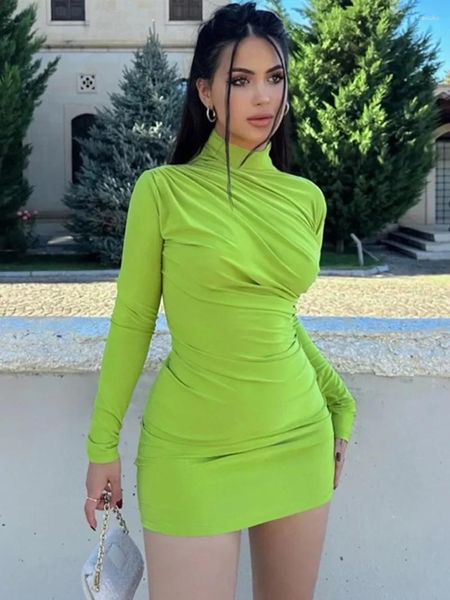 Casual Kleider Mode Streetwear Hohe Taille Bodycon Falten Kurz Für Frauen Herbst Winter Halb Kragen Tunika Paket Hüfte Grün kleid