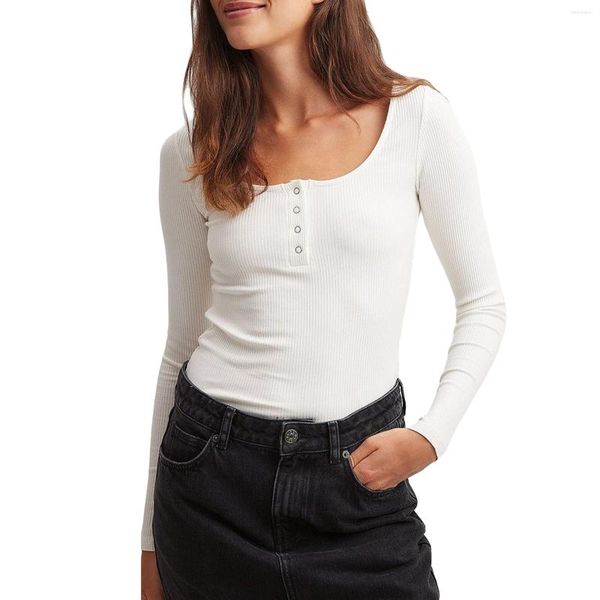 Женские футболки, осенние тонкие топы, однотонная футболка с длинными рукавами и квадратным вырезом на кнопках