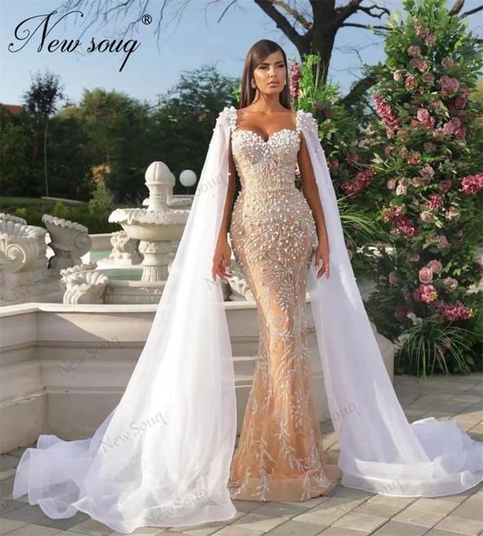 Party Kleider Abendkleider 2023 Perlen Pailletten Abend Arabisch Cape Ärmel Brautkleider Vestido De Gala Pageant Anlass Kleid