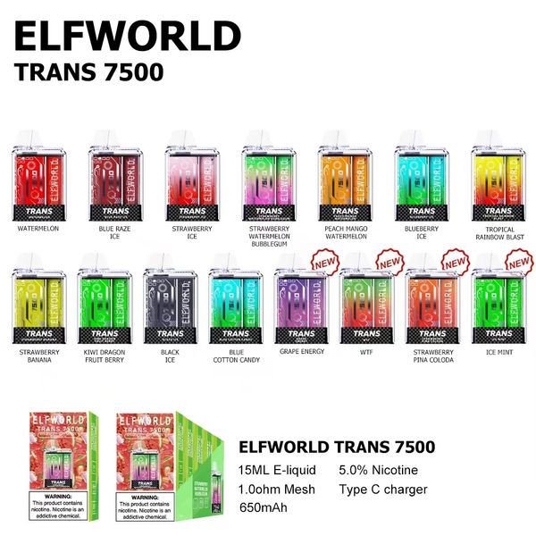 Originele Elfworld TRANS 7500PUFFS E-sigaretten Wegwerpdoos Vape-pen 650mAh Oplaadbare 15ml Bijgevuld Hergebruik Cartridges Mesh Coil Vapes Pod Bar
