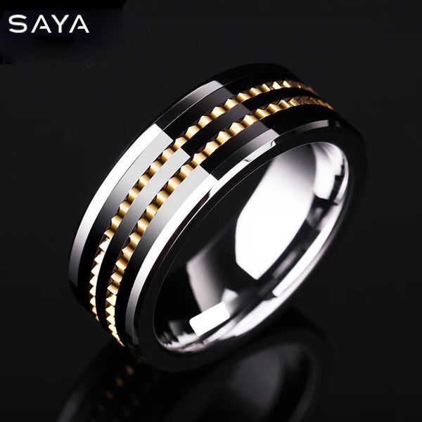 Anéis de casamento 8mm de largura, anéis de casamento masculinos, banda de carboneto de tungstênio, cor dourada, engrenagem rotativa e chapeamento preto, gravura 231124