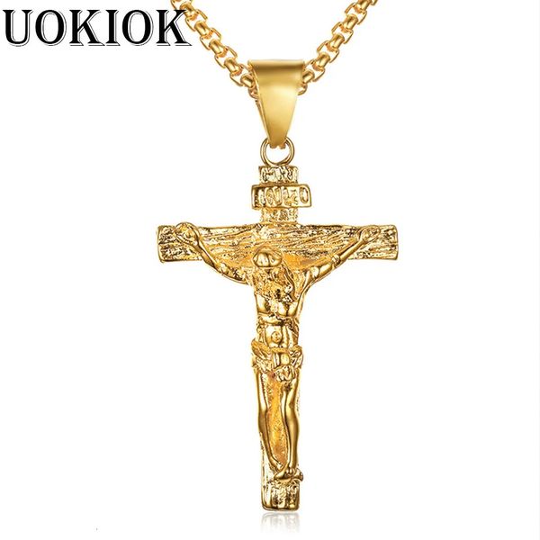 Colares de ouro cor cristã de aço inoxidável pingente colar para homens mulheres moda jóias crucifixo jesus cruz cadeia 231124