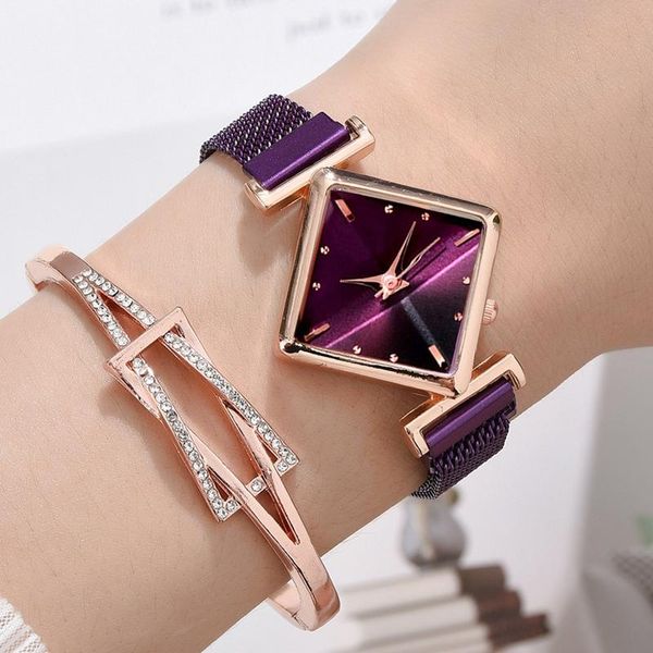 Relógios de pulso Luxo Pulseira Relógios Para Mulheres Simples Roxo Magnético Quadrado Dial Cinto Vestido Quartzo Relógio Senhoras Relógio de Pulso Relogio