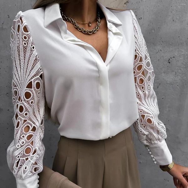 Blusas femininas outono branco sexy renda oco para fora blusa feminina primavera preto topo femme vintage botão acima camisas de manga longa malha design topos