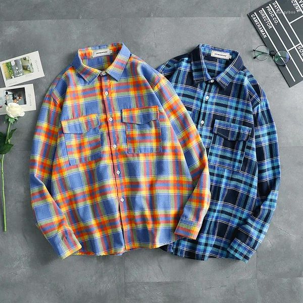 Camisas casuais masculinas 2023 homens xadrez flanela camisa de manga comprida peito dois bolso design moda impresso-botão algodão outono blusa e82