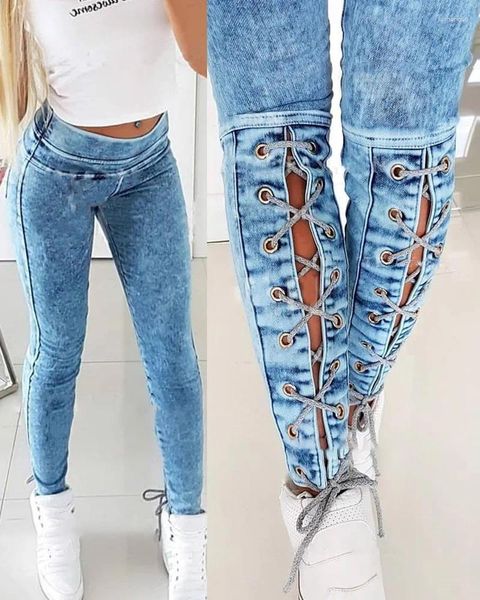 Jeans da donna slim fit con lacci per donna primavera autunno moda streetwear pantaloni a vita media pantaloni a matita in denim