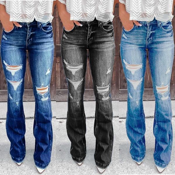 Frauen Jeans 2023 Frühling Hosen Hohe Taille Ripped Boot Cut Mode Straße Casual Lange Denim Ausgestelltes Hosen S-2XL Drop schiff