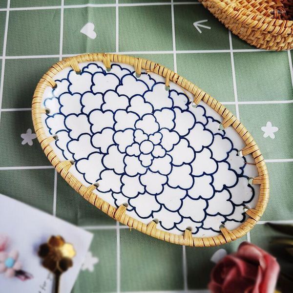 Teller Kreativer Vietnam Rattan Ovaler Aufbewahrungsteller Manuelle Keramik Kombination Obst Snack Trocken Dekoratives Tablett