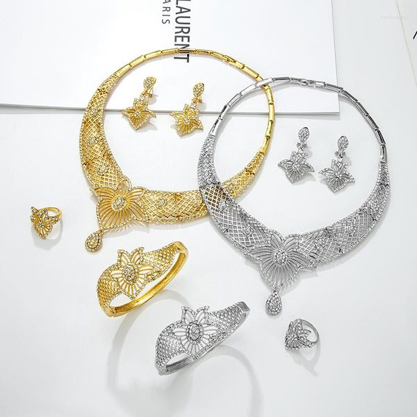 Halskette Ohrringe Set Modeschmuck Frauen 24 Karat Silber Vergoldet Armreif Ringe 4 Stück Mädchen Nigeria Braut