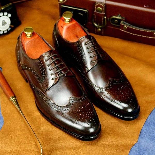 Модельные туфли Phenkang, мужские итальянские туфли из натуральной кожи с кончиками крыльев, оксфорды с острым носком, свадебные деловые мужские туфли на платформе со шнуровкой