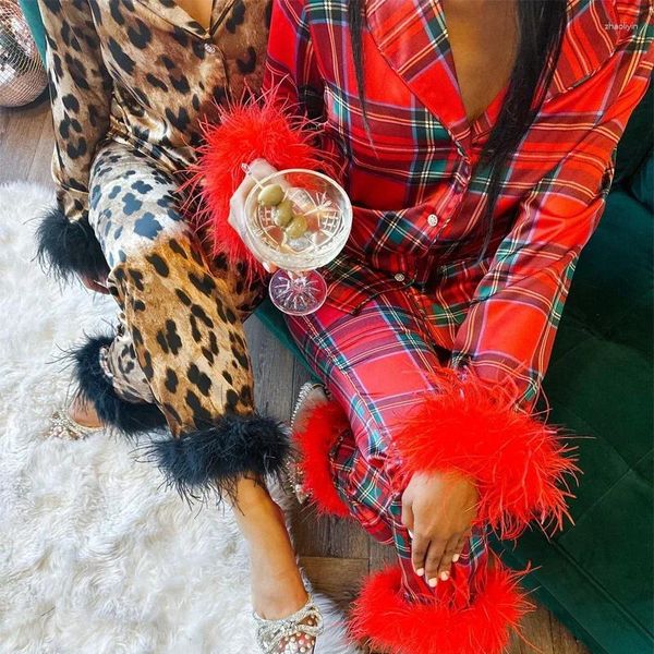 Kadınlar İki Parçalı Pantolon Kadın Şık Bir Ekleme Kabarık Homewear Pijamalar Konfor Gömlek Sweet Gue EV SATIN SATIN Noel Baba Kırmızı Ekose Baskı