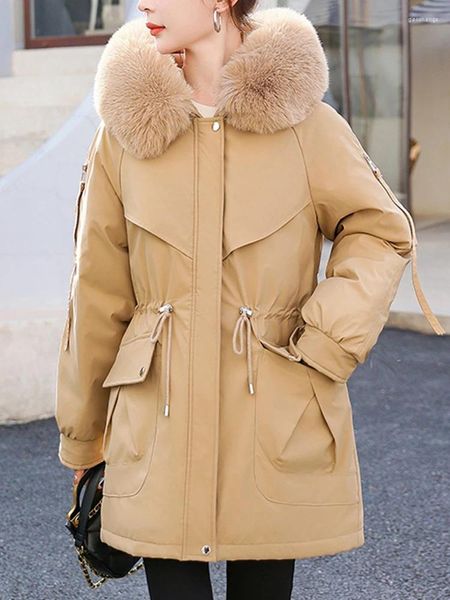 Kadın Trençkotları Sonbahar Kış Kadınlar Moda Kapşonlu Sahte Kürk Yaka Uzun Pamuk Ceket Lady Rahat Kalın Sıcak Cepler Kar Parkas