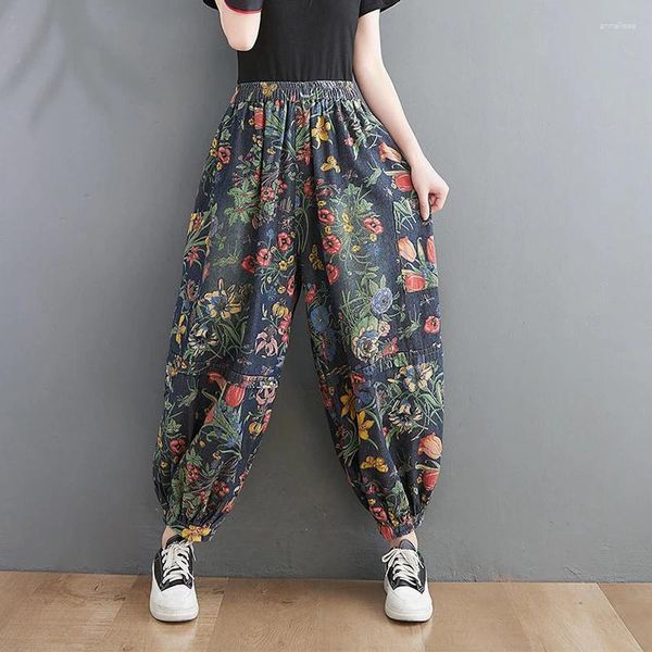 Damenjeans 2023 Frühling Kunststil Frauen Elastische Taille Knöchellänge Lose Seitentasche Vintage Print Baumwolle Denim Haremshose V918