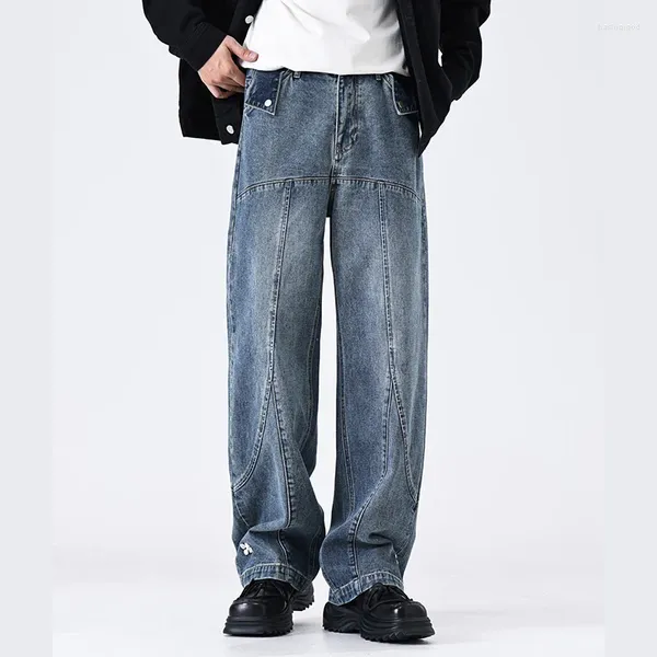 Jeans masculinos retro retalhos soltos confortáveis impressos moda high street listrado emendado calças jeans masculino
