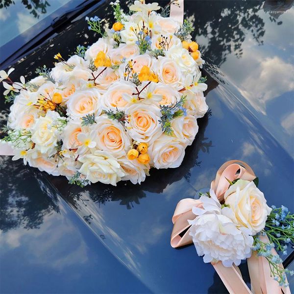 Fiori decorativi 1 set rosa rosa fiore di seta artificiale per decorazioni per auto da matrimonio decorazioni da sposa manico per porte