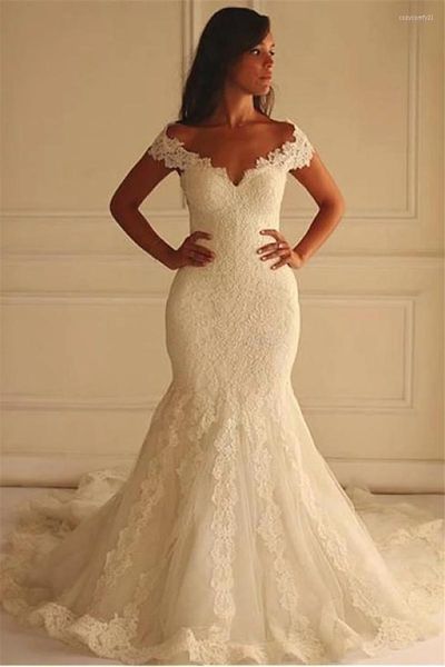 Abito da sposa Vintage Full Lace 2023 Abiti avorio Sirena con spalle scoperte Abiti da sposa da donna Sweep Train Plus Size Abiti da matrimonio