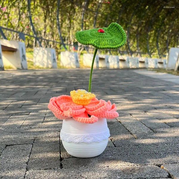 Flores decorativas crochê tecido lótus vaso planta artificial bonsai mão de malha presentes engraçados para quarto casa ideias de mesa decoração do dia das mães