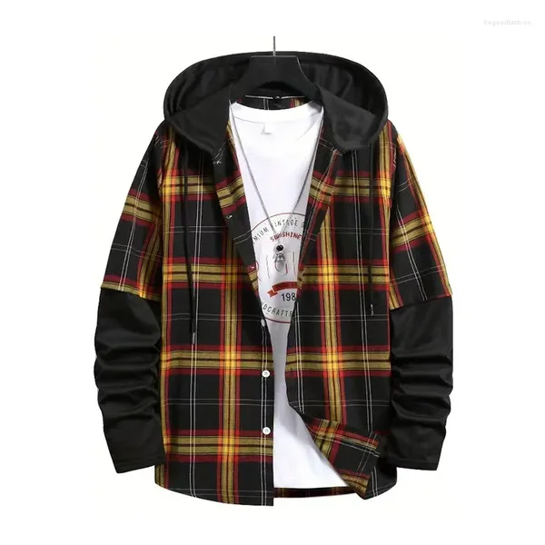 Herren Freizeithemden Vintage Plaid Graphic Kapuzenshirt Für Männer Patchwork Langarm Lose Hoodie Tops Frühling Herbst Mode Sweatshirts