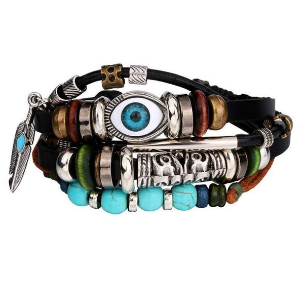 Charm Armbänder Evil Eye Charm Armbänder Mtilayer Leder Türkis Perlen Armband Perlen Für Männer Punk Schmuck Drop Lieferung Schmuck B Dhxro