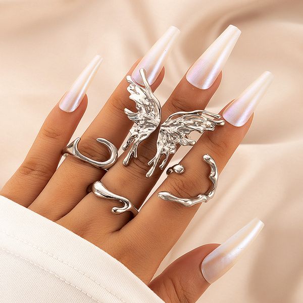 Cluster Ringe Punk Silber Farbe Flüssigkeit Schmetterling Set Für Frauen Mode Unregelmäßige Welle Metallknöchel Ästhetische Egirl Gothic Schmuck 230424