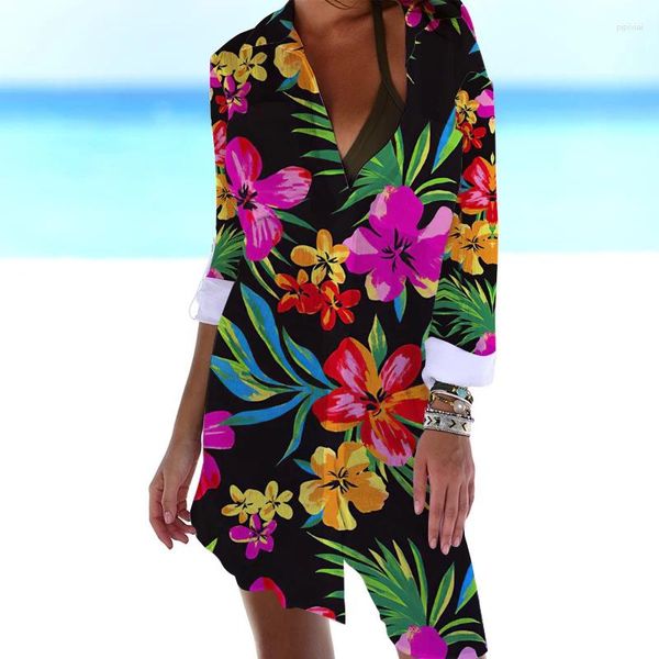 Женские блузки, модные цветочные 3D принты, сексуальные пляжные женские блузки с длинными рукавами и цветочным принтом, рубашки средней длины, женские рубашки с карманами и пуговицами