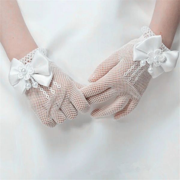 Детские перчатки без пальцев, перчатки принцессы для девочек, эластичная сетка, бант, жемчужные перчатки для свадебной вечеринки, детские церемониальные украшения, аксессуары 231104