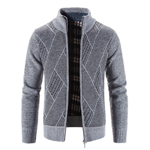 Herren Jacken Winter Warm Dick Langärmelig Plus Samt Kapuzenloser Karierter Pullover Cardigan Strickwaren Stehkragen Argyle Jacke