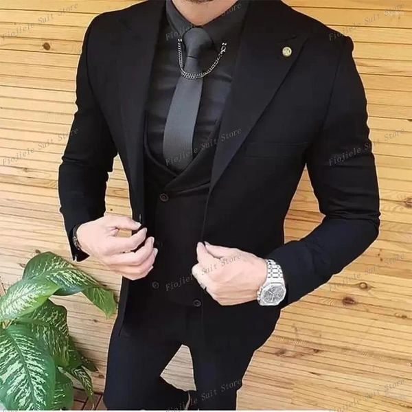 Ternos masculinos pretos conjunto de 3 peças noivos homens casamento smoking noivo casamento/baile de formatura/jantar homem blazer jaqueta colete calças