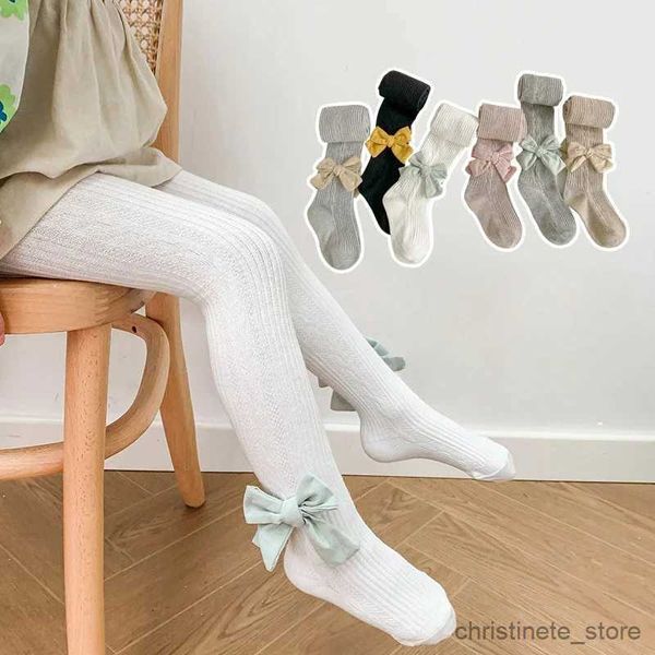 Crianças meias crianças menina meia-calça primavera outono cor sólida bowknot respirável meias elásticas penteado meias de algodão para 2-8years criança meia