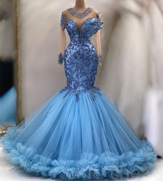 April ASO EBI Mermaid Lace Prom -Sky Blue Tulle Evening Party Formale Secondo Accogliente Accogliente Oquilli Dress Deso De Soiree ZJ627 407