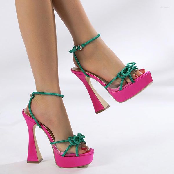 Sandalen 13 cm High Heels Grün Schleife Plattform Party Schuhe für Frauen Knöchelschnalle Chunky Größe 41 Plataforma Mujer