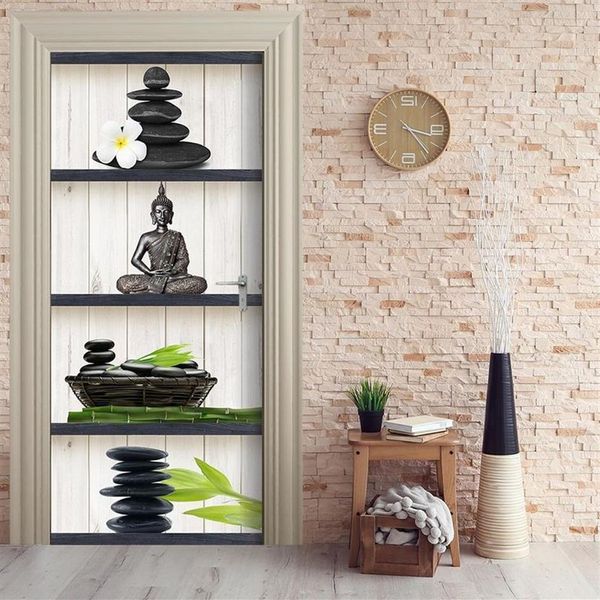 Decoração de casa diy porta adesivo buda flor pedra auto adesivo decalque papel para sala estar pvc à prova dwaterproof água impressão 3d adesivo arte t200252k