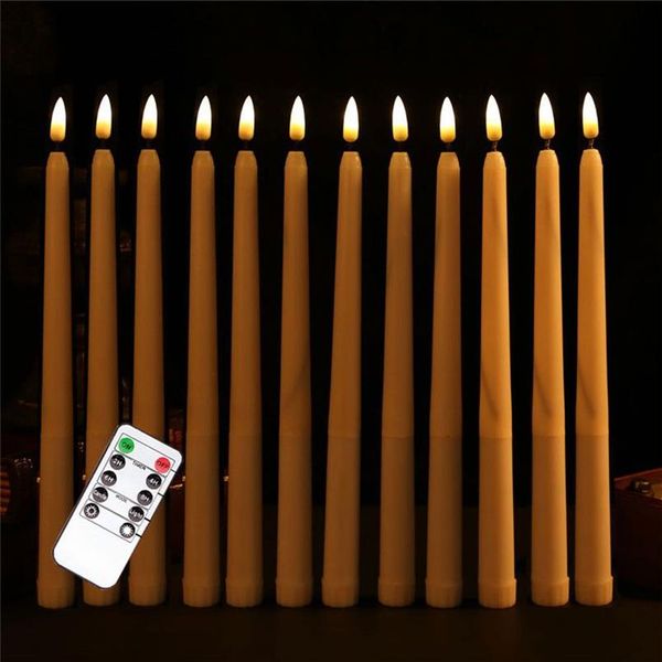 Confezione da 12 candele coniche a LED senza fiamma a distanza, bianco caldo, realistiche in plastica, lunghe 11 pollici, bianche avorio, alimentate a batteria Y215B